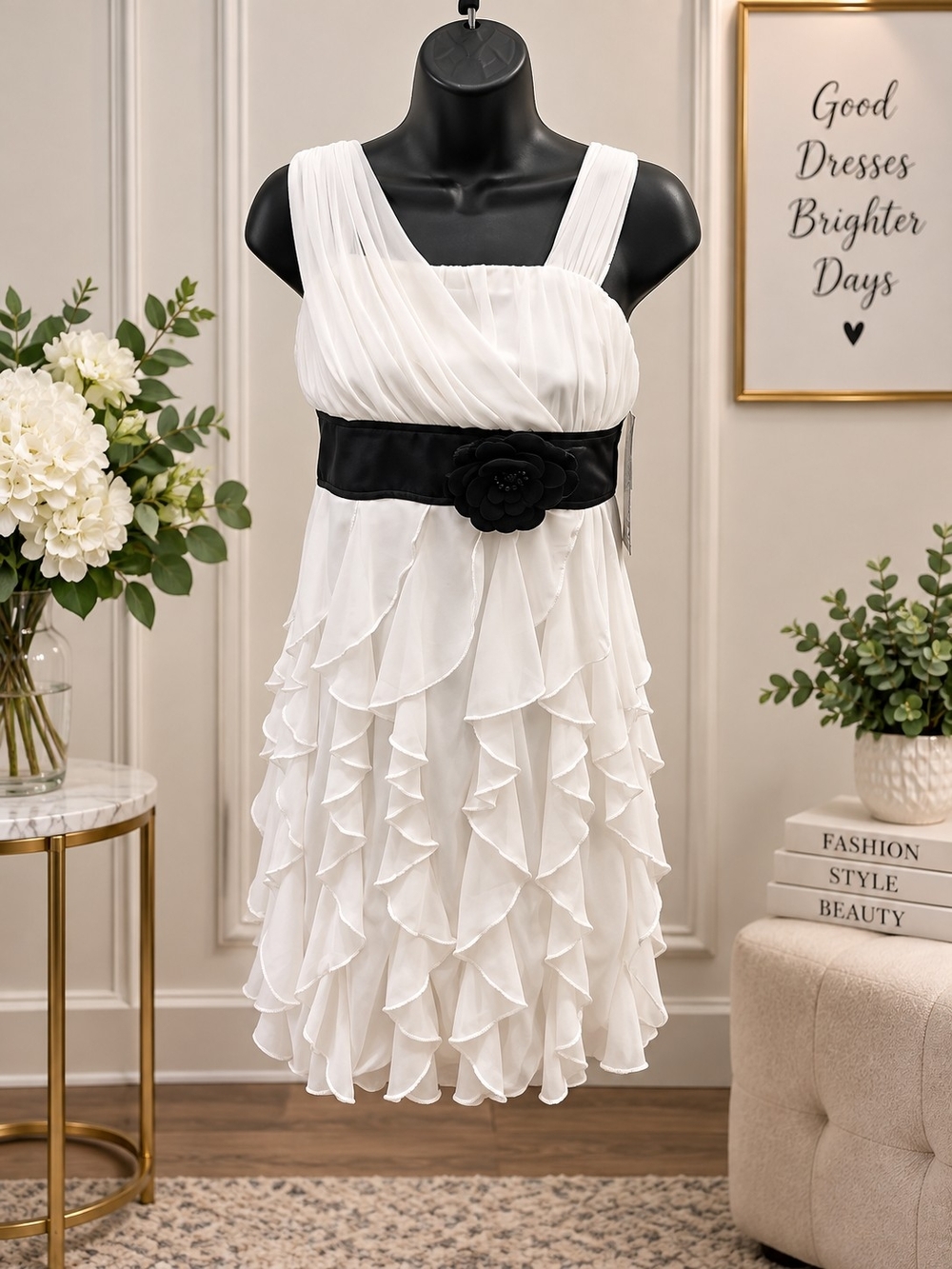 White Ruffled Chiffon Girls Dress with Black Sash NWT